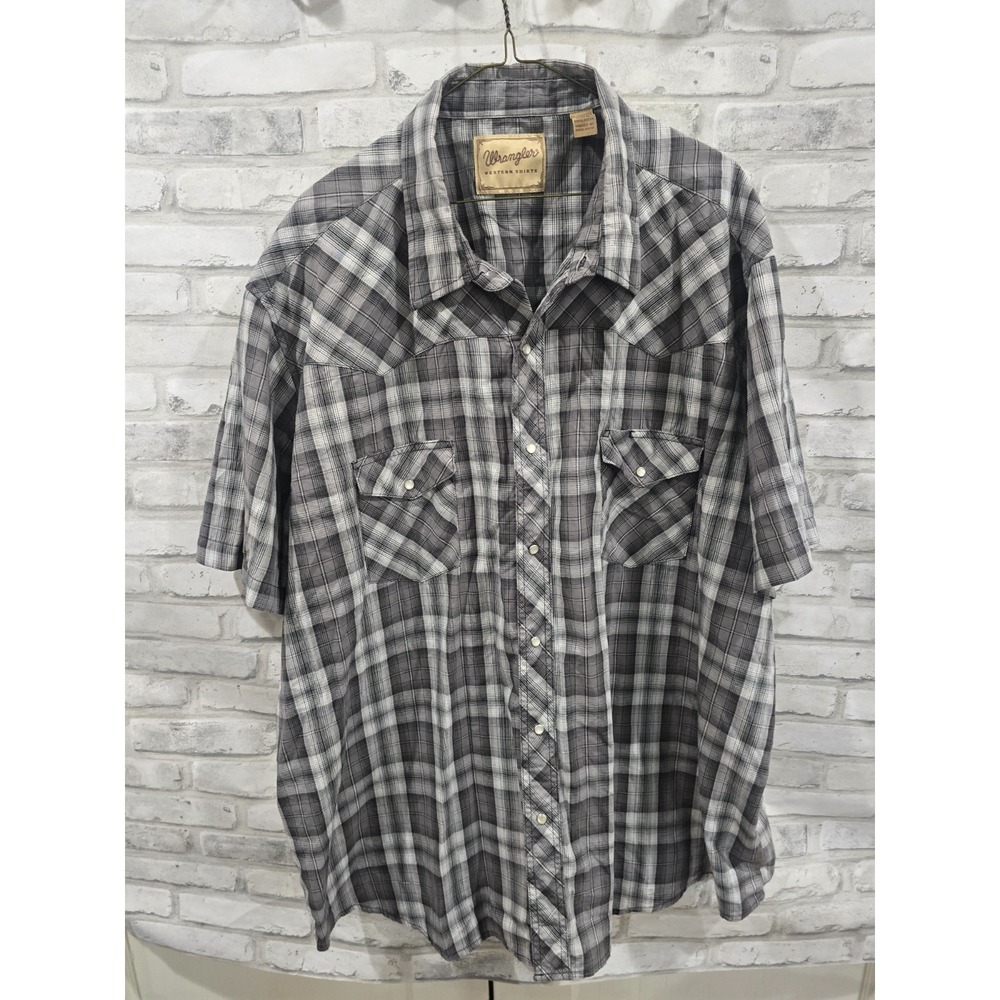 Wrangler Western Shirt Mens 3XL Gray Black Plaid Check Short Sleeve Pearl Snap